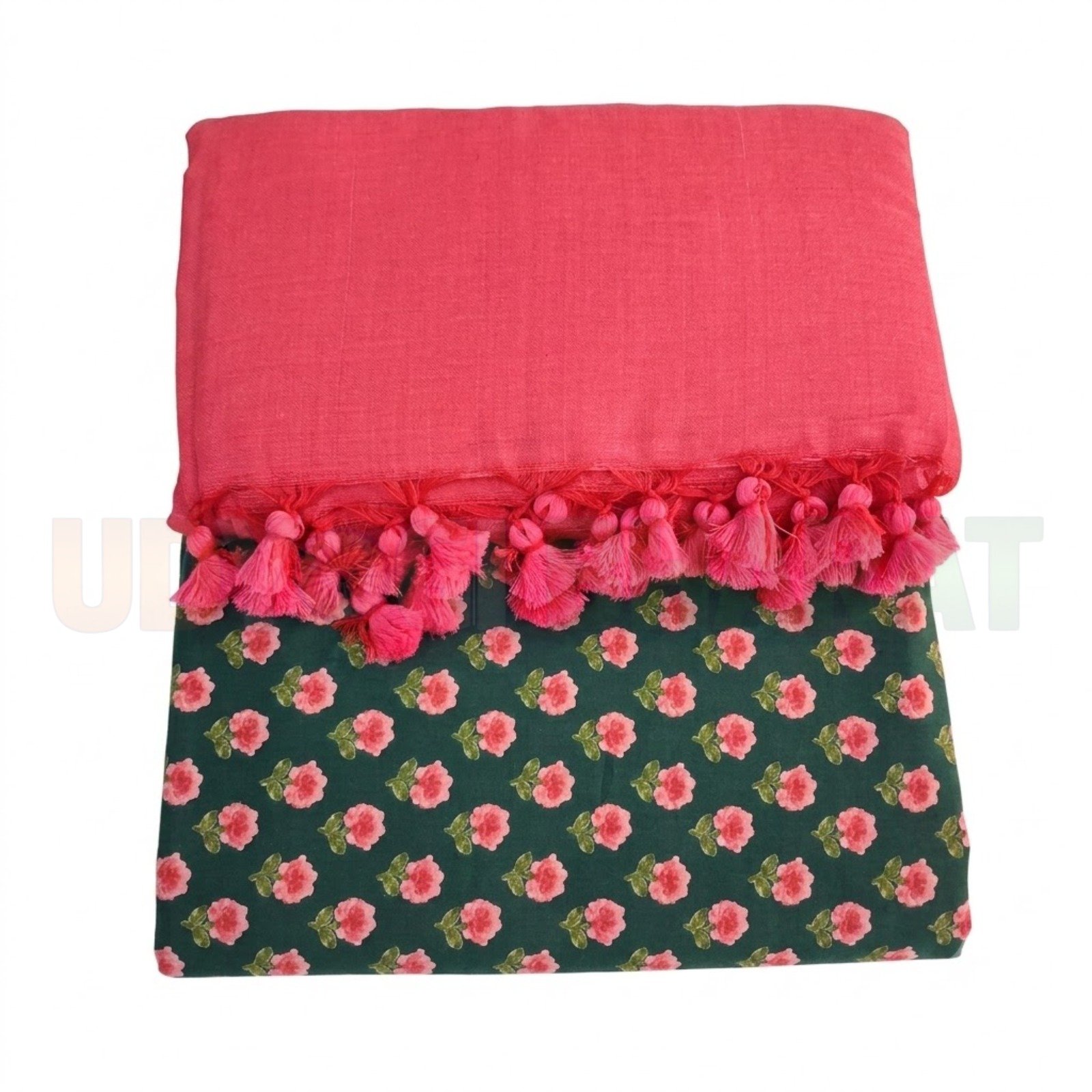 Floral Print Dress Material with Pink Tassel Dupatta
