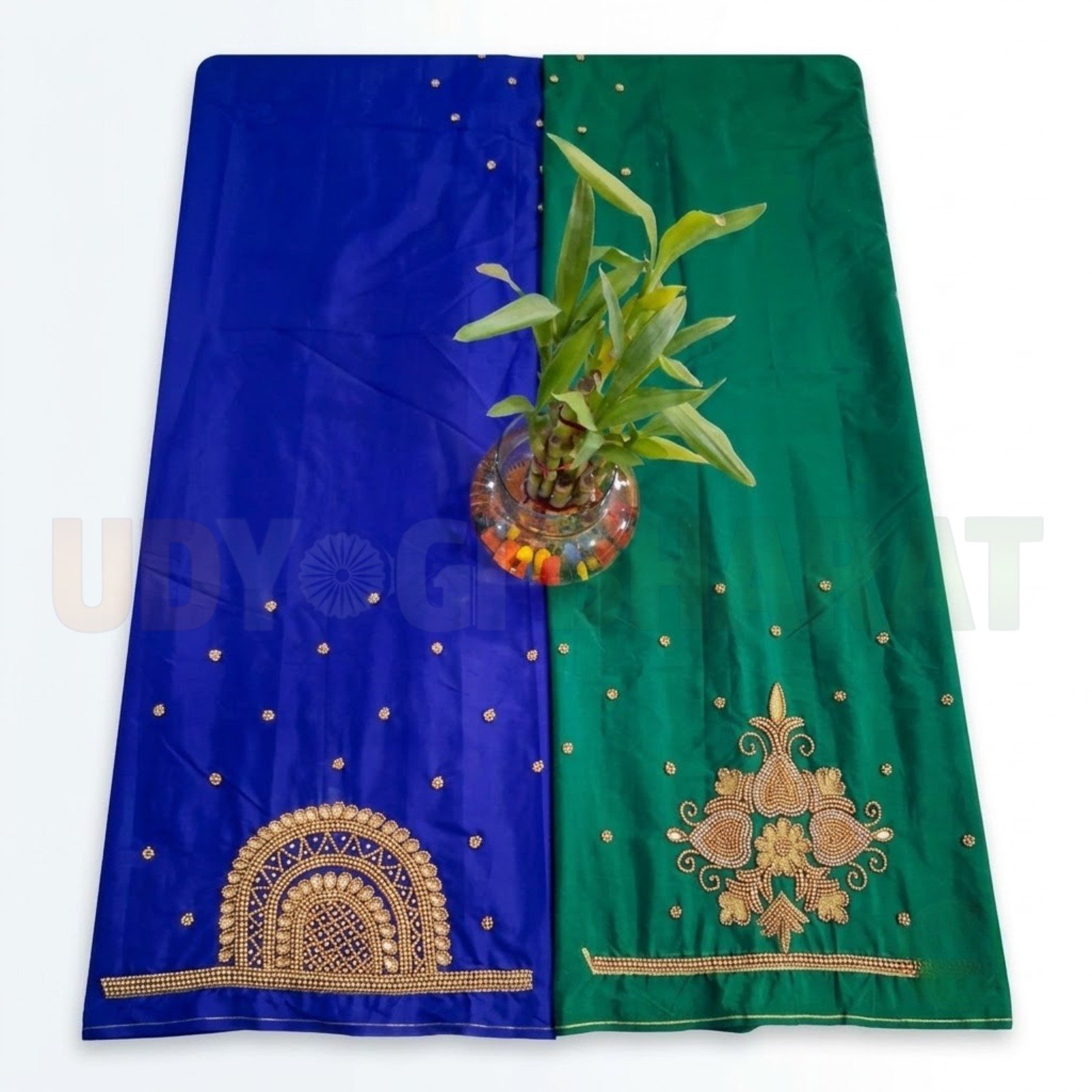 Royal Dual-Tone Embroidered Silk Saree – Blue & Emerald Green